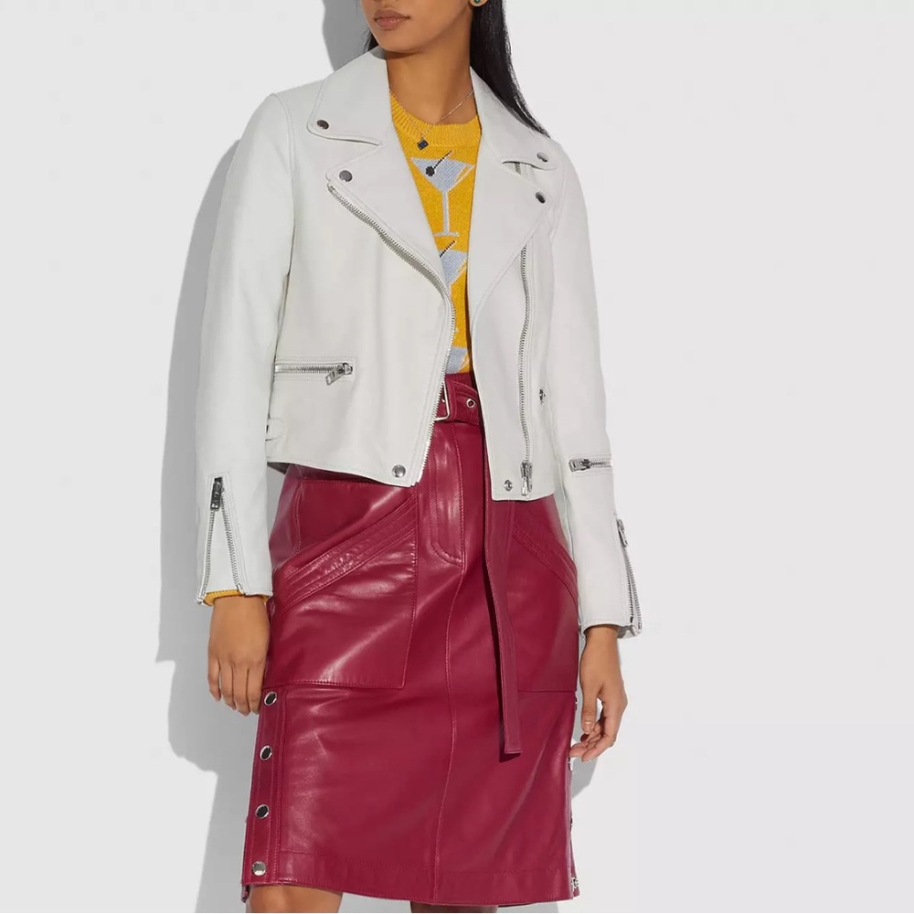 Coach White Leather Moto Jacket – Size 0 (Fits Small) – See Measurements